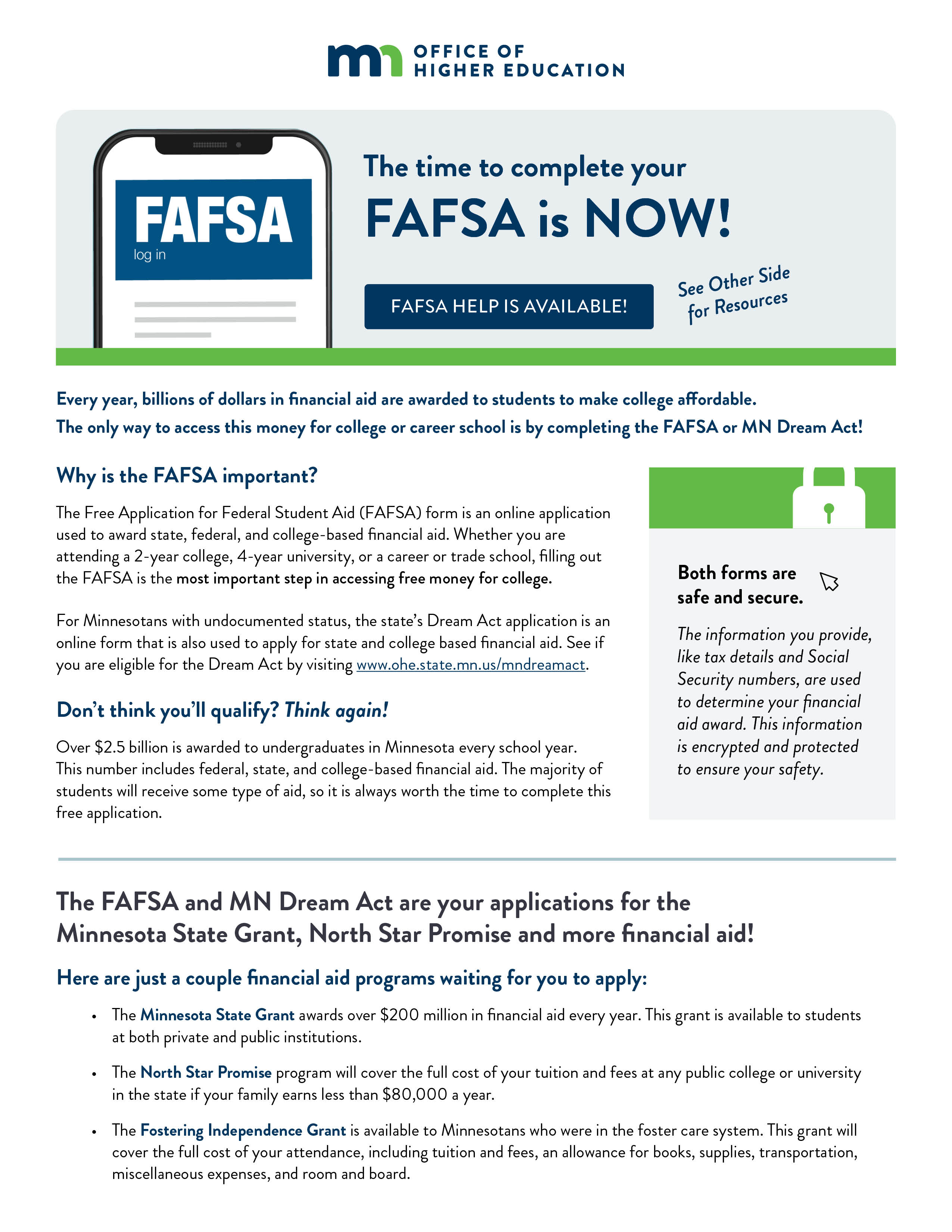 Preview of Complete FAFSA Now flyer. Click to read flyer.